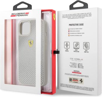 Ferrari Real Carbon Hard Case Metal Logo For iPhone 13 (6.1") - Silver