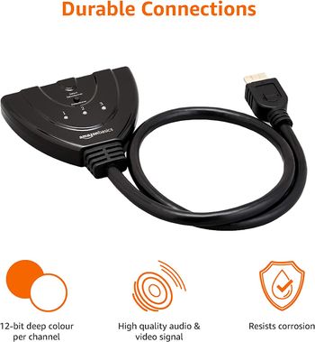 Amazon Basics 3 Port HDMI Switch With Pigtail Cable Supports Full HD 4K Video, 3 In 1 Out