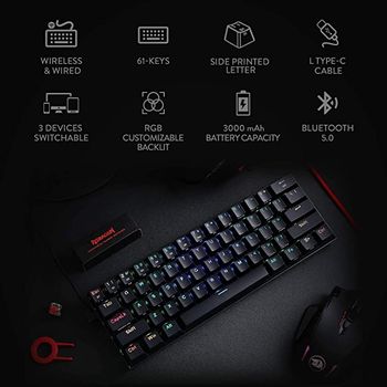 Redragon K530 Draconic 60% Compact Rgb Wireless Mechanical Keyboard, 61 Keys Tkl Designed 5.0 Bluetooth Gaming Keyboard With Brown Switches And 16.8 Million Rgb Lighting For Pc, Laptop, Cell Phone