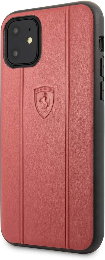 Ferrari FEO3DHCN61RE Off Track Leather Hard Case with Embossed Lines for iPhone 11, Red