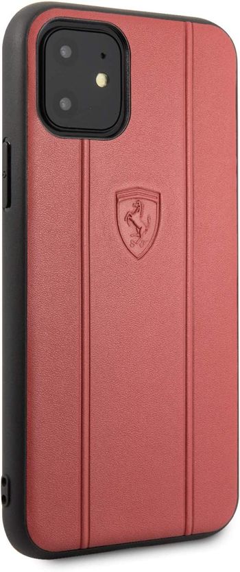 Ferrari FEO3DHCN61RE Off Track Leather Hard Case with Embossed Lines for iPhone 11, Red