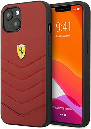 CG MOBILE Ferrari Genuine Leather Quilted Edge Hard Case Compatible for iPhone 13 (6.1") Shockproof Protective Cover | Anti-Scratch Officially Licensed (iPhone 13 (6.1"), Red)