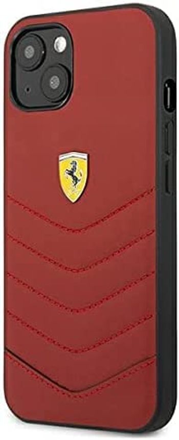 CG MOBILE Ferrari Genuine Leather Quilted Edge Hard Case Compatible for iPhone 13 (6.1") Shockproof Protective Cover | Anti-Scratch Officially Licensed (iPhone 13 (6.1"), Red)