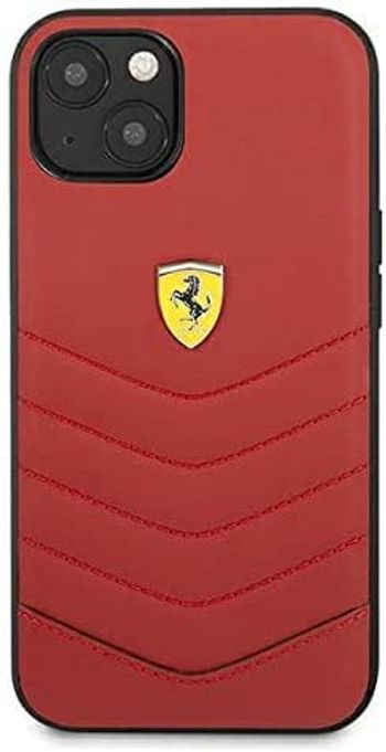 CG MOBILE Ferrari Genuine Leather Quilted Edge Hard Case Compatible for iPhone 13 (6.1") Shockproof Protective Cover | Anti-Scratch Officially Licensed (iPhone 13 (6.1"), Red)