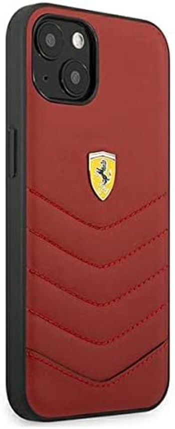 CG MOBILE Ferrari Genuine Leather Quilted Edge Hard Case Compatible for iPhone 13 (6.1") Shockproof Protective Cover | Anti-Scratch Officially Licensed (iPhone 13 (6.1"), Red)