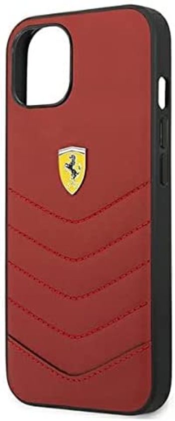 CG MOBILE Ferrari Genuine Leather Quilted Edge Hard Case Compatible for iPhone 13 (6.1") Shockproof Protective Cover | Anti-Scratch Officially Licensed (iPhone 13 (6.1"), Red)