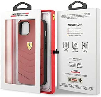 CG MOBILE Ferrari Genuine Leather Quilted Edge Hard Case Compatible for iPhone 13 (6.1") Shockproof Protective Cover | Anti-Scratch Officially Licensed (iPhone 13 (6.1"), Red)