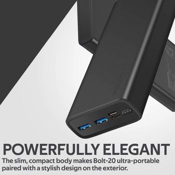 Promate Power Bank Portable Charger, Ultra-Compact 20000mAH External Battery Pack with 2A Type-C, Micro-USB Input and Ultra-Fast 2A Dual USB Charging Port for iPod, iPad, iPhone, Huawei, Bolt-20 Black