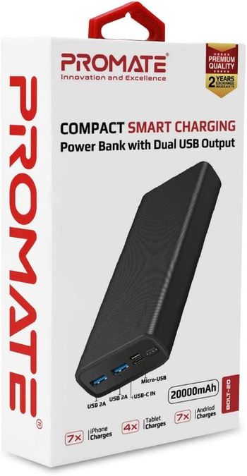 Promate Power Bank Portable Charger, Ultra-Compact 20000mAH External Battery Pack with 2A Type-C, Micro-USB Input and Ultra-Fast 2A Dual USB Charging Port for iPod, iPad, iPhone, Huawei, Bolt-20 Black