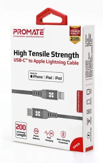 Promate MFi Certified USB-C to Lightning Cable, 3A Fast Charging Syncing Nylon Braided Cord with 27W Power Delivery and Anti-Tangle 2m Cable for iPhone, iPad Pro, iPod, MacBook Pro,PowerCord-200