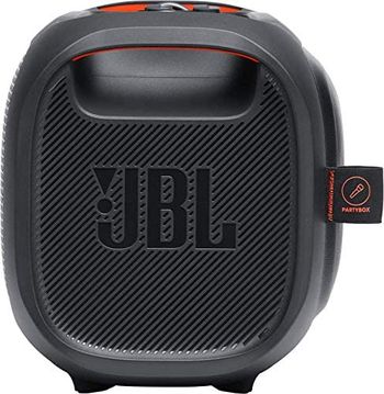 JBL بارتي بوكس اون ذا جو - مكبر صوت محمول للحفلات مع اضاءة وميكروفون لاسلكي، طاقة خرج 100 واط، IPX4، وقت تشغيل 6 ساعات، حزام كتف، للتدريب وحفلات الكاريوكي، باللون الاسود