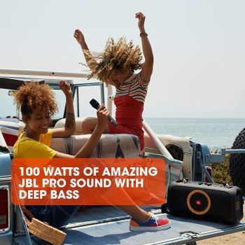 JBL PartyBox On-The-Go - Portable Party Speaker with Lighting and Wireless Microphone, 100 W Output Power, IPX4, 6 Hours Playing Time, Shoulder Strap, for Practice and Karaoke Parties, in Black