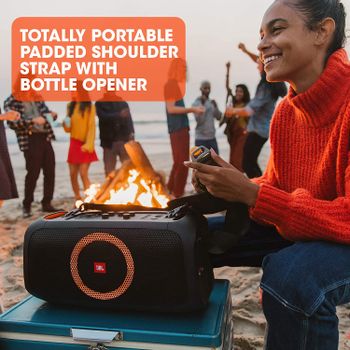 JBL PartyBox On-The-Go - Portable Party Speaker with Lighting and Wireless Microphone, 100 W Output Power, IPX4, 6 Hours Playing Time, Shoulder Strap, for Practice and Karaoke Parties, in Black