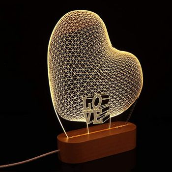 Sulfar 3D Night Light Romantic Heart Shape Illusion Lamp USB Powered Visual Lights Wooden Base Gifts for Her Girlfriends Valentines Day Wedding Anniversary