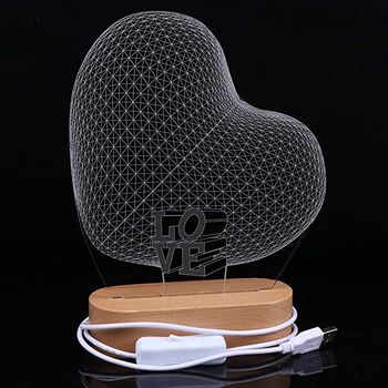 Sulfar 3D Night Light Romantic Heart Shape Illusion Lamp USB Powered Visual Lights Wooden Base Gifts for Her Girlfriends Valentines Day Wedding Anniversary