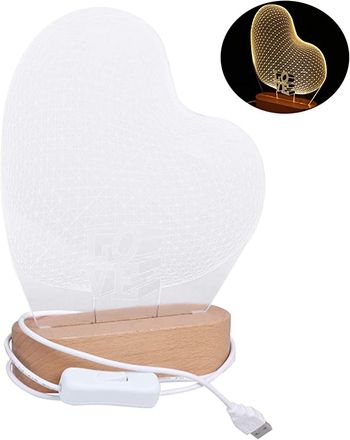 Sulfar 3D Night Light Romantic Heart Shape Illusion Lamp USB Powered Visual Lights Wooden Base Gifts for Her Girlfriends Valentines Day Wedding Anniversary