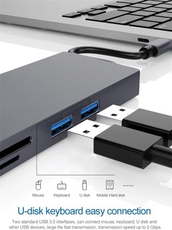 Glassology 8 IN 1 USB C Hub 2 USB 3.0 SD & TF PD 1000Mbps cable VGA & HDMI - Grey