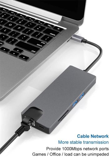 Glassology 8 IN 1 USB C Hub 2 USB 3.0 SD & TF PD 1000Mbps cable VGA & HDMI - Grey