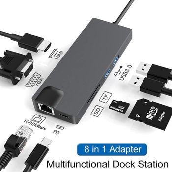 Glassology 8 IN 1 USB C Hub 2 USB 3.0 SD & TF PD 1000Mbps cable VGA & HDMI - Grey