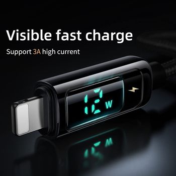 Glassology USB C to Lightning LED Current Voltage Display 3A USB Fast Charging Braided 1.2M Black