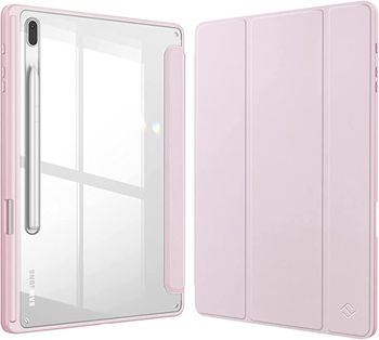 Glassology Hybrid Slim Case for Samsung Galaxy Tab S8 Plus 2022/S7 FE 2021/S7 Plus 2020 12.4" with S Pen Holder Shockproof Cover with Clear Transparent Back Shell, Auto Wake/Sleep and screen Protector (Pink)