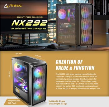 Antec NX Series NX292 Mid-Tower E-ATX Gaming Case, 3 x 120mm RGB fans & 1 x 120mm Fan Included, Tempered Glass Side Panel, 360mm Radiator Support, RGB Gaming Cabinet - Black