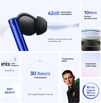 realme Buds Air 3 Neo Wireless Earbuds, 10mm Dynamic Bass Driver, Superior Sound Quality, ENC AI Noise Cancellation, IPX5 Water Resistance, Starry Blue