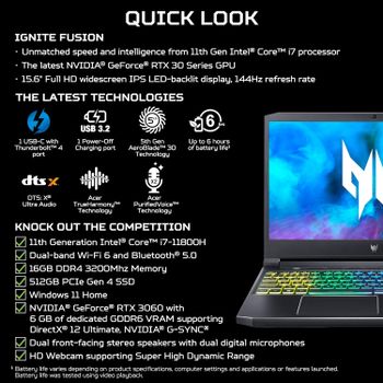 Acer PREDATOR HELIOS 300 PH315-54-760S GAMING Core™ i7-11800H 512GB SSD 16GB 15.6" (1920x1080) 144Hz WIN10 NVIDIA® RTX 3060 6144MB BLACK Backlit Keyboard