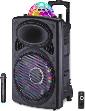 Impex TS -81 Portable Bluetooth Speaker, LED Lights, 12" Woofer, 1.5" Tweeter, Trolley & Wheels, USB SD Card AUX FM Inputs, 3,600 mAh Rechargeable Battery, Indoor Outdoor Wireless Loud Speaker