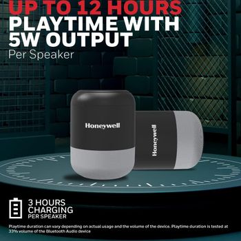 Honeywell Trueno U100 Wireless Duo Bluetooth V5.0 Speaker 5Wx2, Upto 12Hrs Playtime per speaker, advanced 52mm drivers, IPX4, TWS feature, Premium Stereo Sound, Multi compatibility Mode