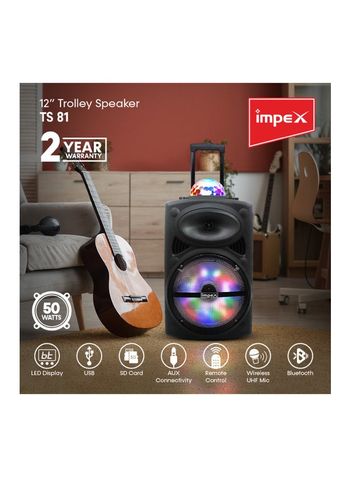 Impex TS -81 Portable Bluetooth Speaker, LED Lights, 12" Woofer, 1.5" Tweeter, Trolley & Wheels, USB SD Card AUX FM Inputs, 3,600 mAh Rechargeable Battery, Indoor Outdoor Wireless Loud Speaker