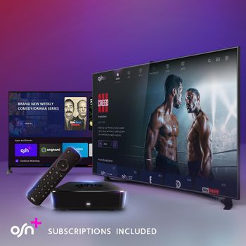 OSNtv جهاز بث تلفزيوني بدقة 4K مع اشتراك لمدة 6 أشهر وجهاز تحكم عن بعد صوتي وواي فاي وإيثرنت، مدعوم بنظام Android 11.0 - أسود