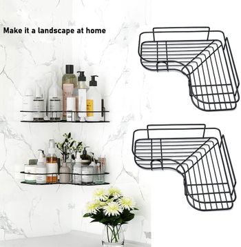 SKY-TOUCH 2Pcs Corner Shower Shelves Self Adhesive No Drilling Wall Mounted Shower Storage Shelf Organizer For Your Bathroom, Kitchen And Toilet Iron Art - Black