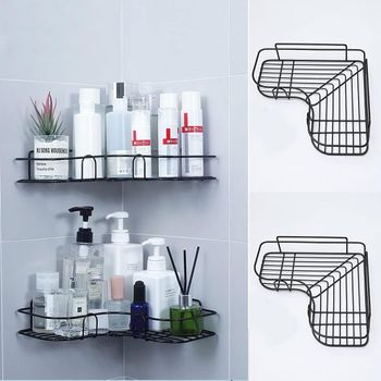 SKY-TOUCH 2Pcs Corner Shower Shelves Self Adhesive No Drilling Wall Mounted Shower Storage Shelf Organizer For Your Bathroom, Kitchen And Toilet Iron Art - Black