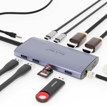 ماكس & ماكس 12 في 1 متعدد الوظائف USB C Hub مزدوج محول HDMI Dock Station USB3.0 ، 3.1 ، 4K 2 HDMI ، صوت و Micro SD ، RJ45 ، VGA متوافق مع MacBook Pro / Air ، Chromebook ، HP ، Dell ، Asus ، Lenovo