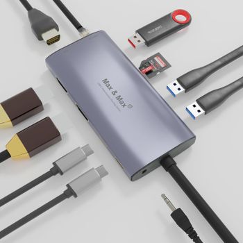 ماكس & ماكس 12 في 1 متعدد الوظائف USB C Hub مزدوج محول HDMI Dock Station USB3.0 ، 3.1 ، 4K 2 HDMI ، صوت و Micro SD ، RJ45 ، VGA متوافق مع MacBook Pro / Air ، Chromebook ، HP ، Dell ، Asus ، Lenovo