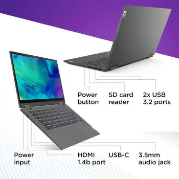 Lenovo IdeaPad Flex 5-14ALC05, 14 Inch FHD 2 in 1 X360 Display, AMD Ryzen 5 5500U 6 Core 12Th Processor, 8GB Ram, 512GB SSD, HDMI , USB Type C, Finger Print, ENG \AR Backlit Keyboard, AMD Radeon Graphics, Windows 11 Home - Grey