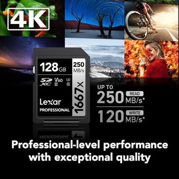 ليكسار بطاقات ذاكرة SDXC UHS-II احترافية 1667×128GB (عبوتان) C10، U3، V60، فيديو FHD و4K، قراءة حتى 250 ميجابايت/ثانية، للمصورين المحترفين ومصور الفيديو والمتحمسين (LSD128CBNA16672)