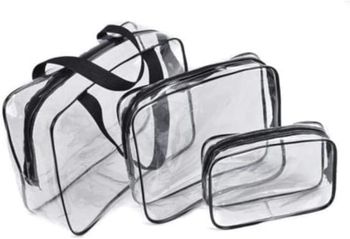 COOLBABY 3Pcs Clear Cosmetic Bag Vinyl Air Travel Toiletry Bags Bulk, Water Resistant PVC Packing Cubes with Zipper Closure & Carry Handle for Women Baby Men, Make up brush Case Beach Pool Spa Gym Bag, Black