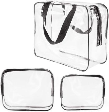 COOLBABY 3Pcs Clear Cosmetic Bag Vinyl Air Travel Toiletry Bags Bulk, Water Resistant PVC Packing Cubes with Zipper Closure & Carry Handle for Women Baby Men, Make up brush Case Beach Pool Spa Gym Bag, Black