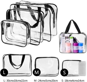 COOLBABY 3Pcs Clear Cosmetic Bag Vinyl Air Travel Toiletry Bags Bulk, Water Resistant PVC Packing Cubes with Zipper Closure & Carry Handle for Women Baby Men, Make up brush Case Beach Pool Spa Gym Bag, Black