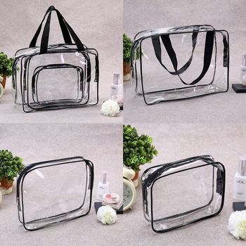 COOLBABY 3Pcs Clear Cosmetic Bag Vinyl Air Travel Toiletry Bags Bulk, Water Resistant PVC Packing Cubes with Zipper Closure & Carry Handle for Women Baby Men, Make up brush Case Beach Pool Spa Gym Bag, Black