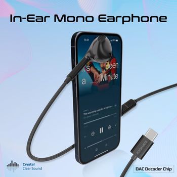 Promate Earbuds with USB-C Connector, Ergonomic In-Ear USB-C HD Mono Earphone with Mic, Noise Isolation, Call Function, and In-Line Volume Control for iPhone 15, iPad Air, IPod, MonoPod-C