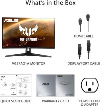 ASUS TUF Gaming 27" 2K HDR Monitor (VG27AQ1A) - QHD (2560 x 1440), IPS, 170Hz (Supports 144Hz), 1ms, Extreme Low Motion Blur, Speaker, G-SYNC Compatible, VESA Mountable, DisplayPort, HDMI