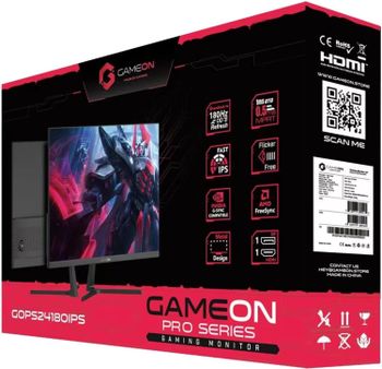 GAMEON GOPS24180IPS Pro-Series,Black Gaming Monitor 24 Inch,1920x1080p FHD IPS Panel,180Hz Refresh Rate,0.5ms Response Time,Adjustable Stand, Supports Adaptive Sync & G-Sync Compatible,Tilt Adjustment