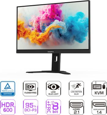 شاشة ألعاب Gigabyte M27U مقاس 27 بوصة بمعدل تحديث 160 هرتز ودقة 2160 بكسل UHD-KVM، وشاشة IPS 4k SS بدقة 3840 × 2160، ووقت استجابة 1 مللي ثانية (MPRT)، و95% من DCI-P3، وHDR، وFreeSync Premium Pro، ومنفذ DP 1.4، ومنفذان HDMI 2.1، ومنفذ USB 3.2، ومنفذ USB Ty