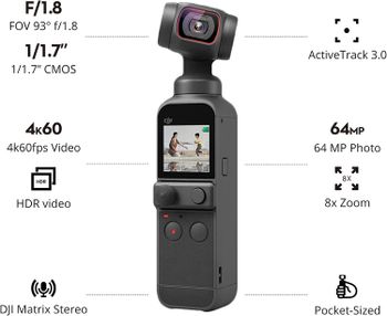 DJI Pocket 2 - Handheld 3-Axis Gimbal Stabilizer with 4K Camera, 1/1.7” CMOS, 64MP Photo, Pocket-Sized, ActiveTrack 3.0, Glamour Effects, YouTube TikTok Video Vlog, for Android and iPhone, Black