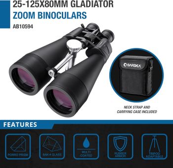 BARSKA Gladiator 25-125x80 Zoom Binoculars (Green Lens, Braced-in Tripod Adapter) - Black