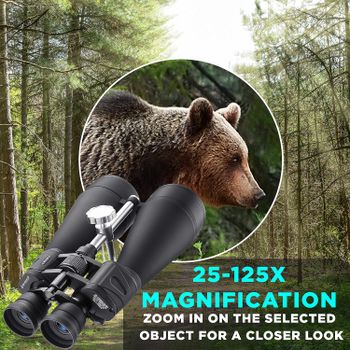 BARSKA Gladiator 25-125x80 Zoom Binoculars (Green Lens, Braced-in Tripod Adapter) - Black