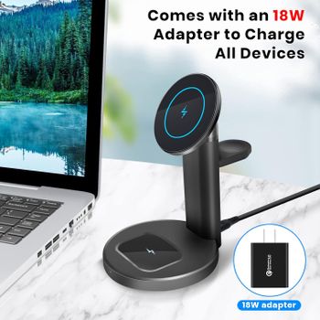 Toumky 3 in 1 Magnetic Wireless Charger,Fast Wireless Charging Station,for MagSafe Charger,iPhone 14/13/12,14/13/12 Pro,14/13/12 Pro Max,14/13/12 Mini,AirPods 3/2/Pro,MagSafe Cases(with QC3.0 Adapter)